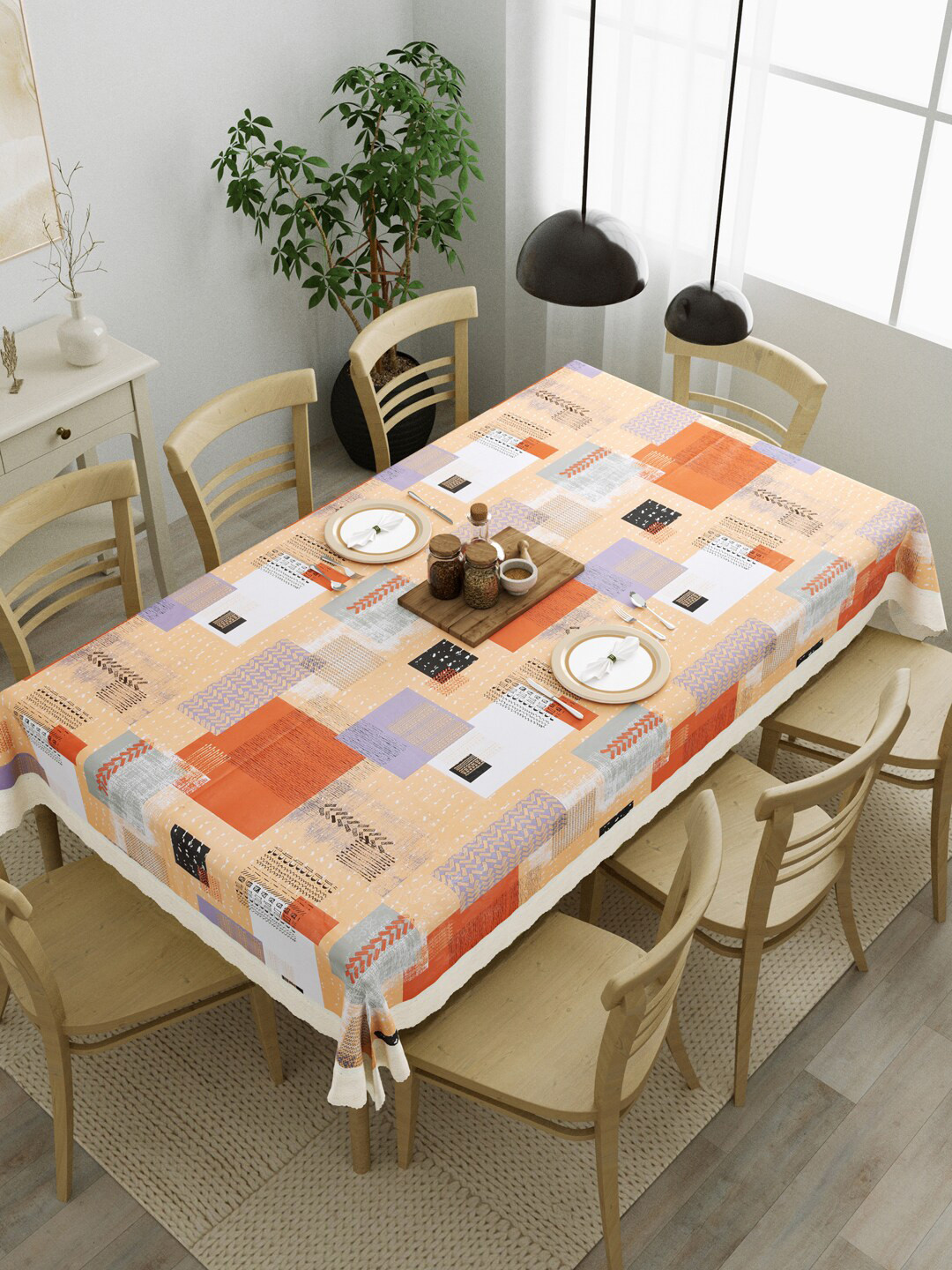 Clasiko Peach & Orange Geometric Printed 8-Seater Table Cover