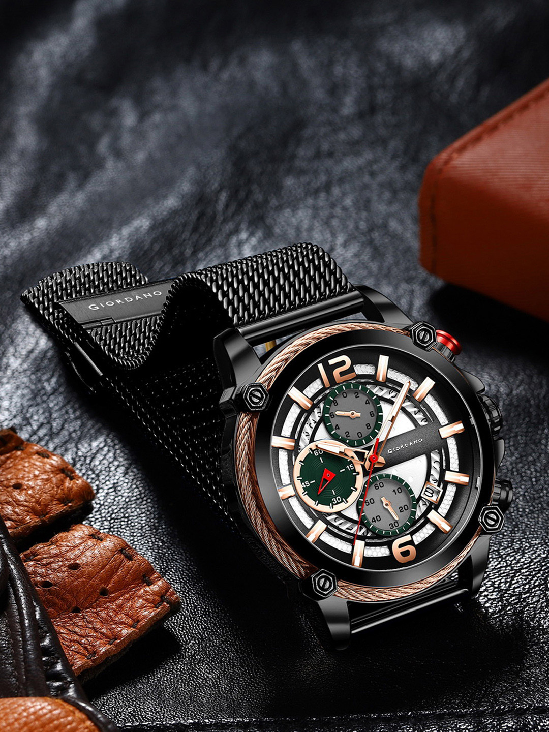 GIORDANO Men Black Dial & Textured Straps Analogue Stainless Steel Watch GZ-50039-11