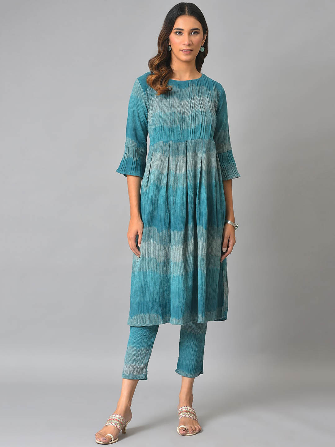 W Women Teal Ombre Pure Cotton Kurta with Trouser Set