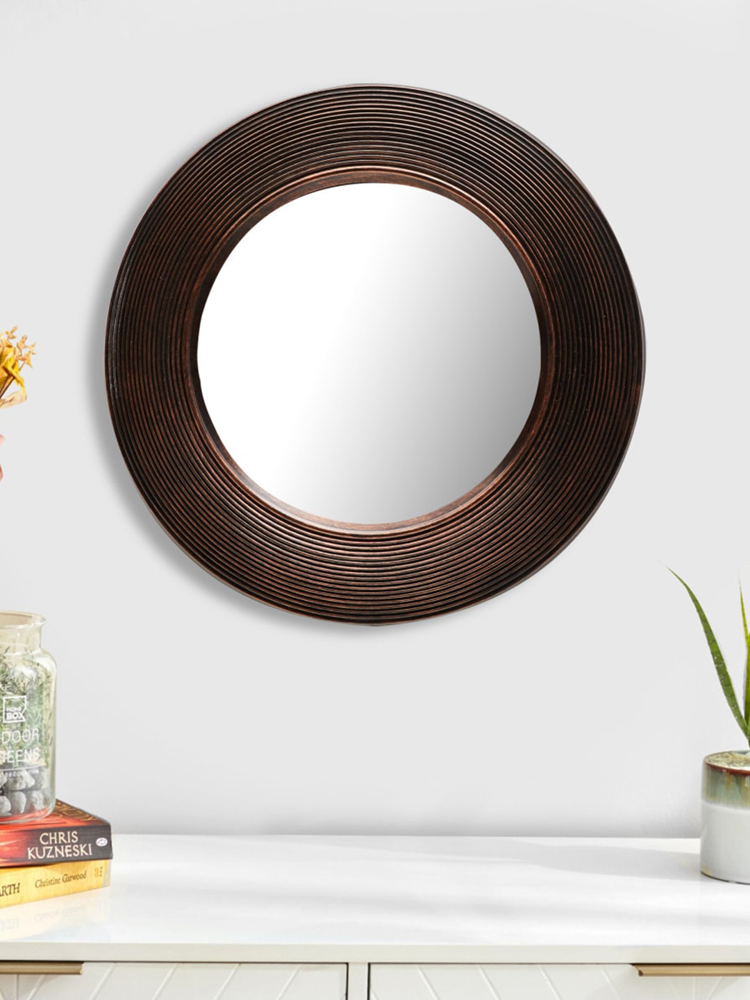 Home Centre Brown Corsica Reflection Textured Round Antique Wall Mirror