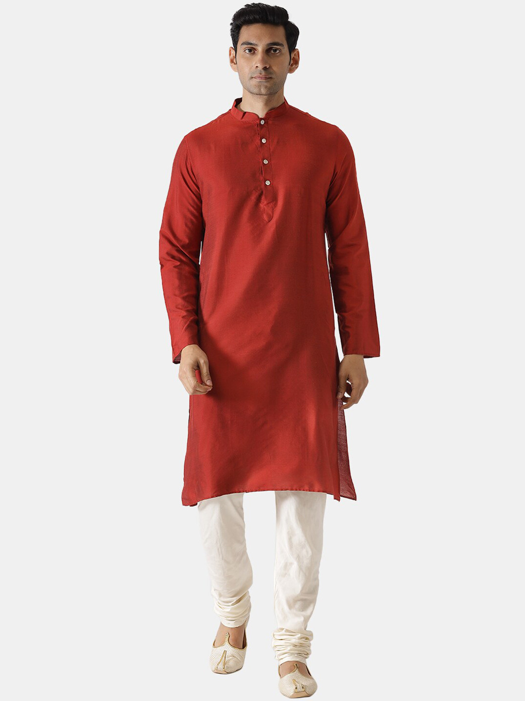 KISAH Men Solid Red Mandarin Collar Long Sleeves Cotton Silk A-Line Kurta