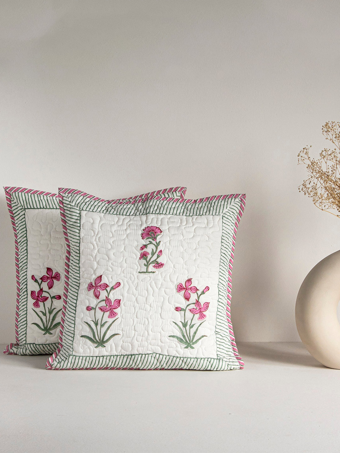 HOMEMONDE Hand Block White & Pink Set of 2 Floral Square Cushion Covers