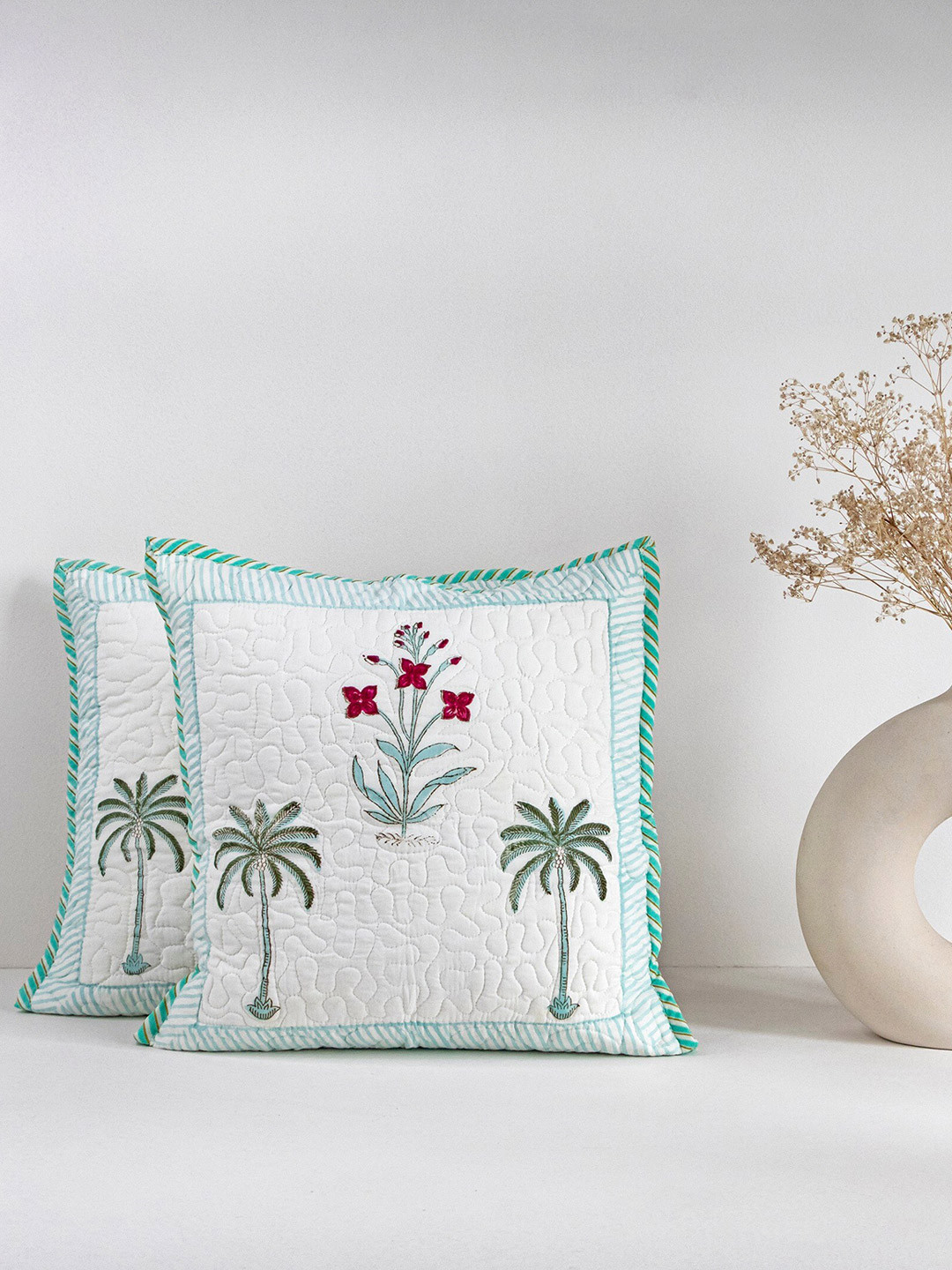 HOMEMONDE Block Print Green Floral Cotton 2 Piece Square Cushion Covers -16x16In