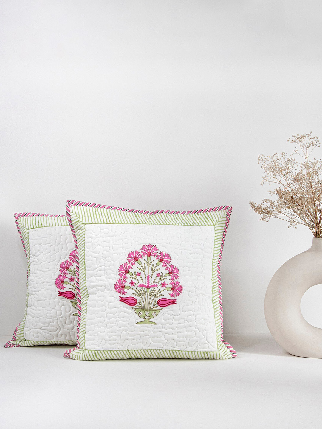 HOMEMONDE Hand Block White & Pink Set of 2 Floral Square Cushion Covers