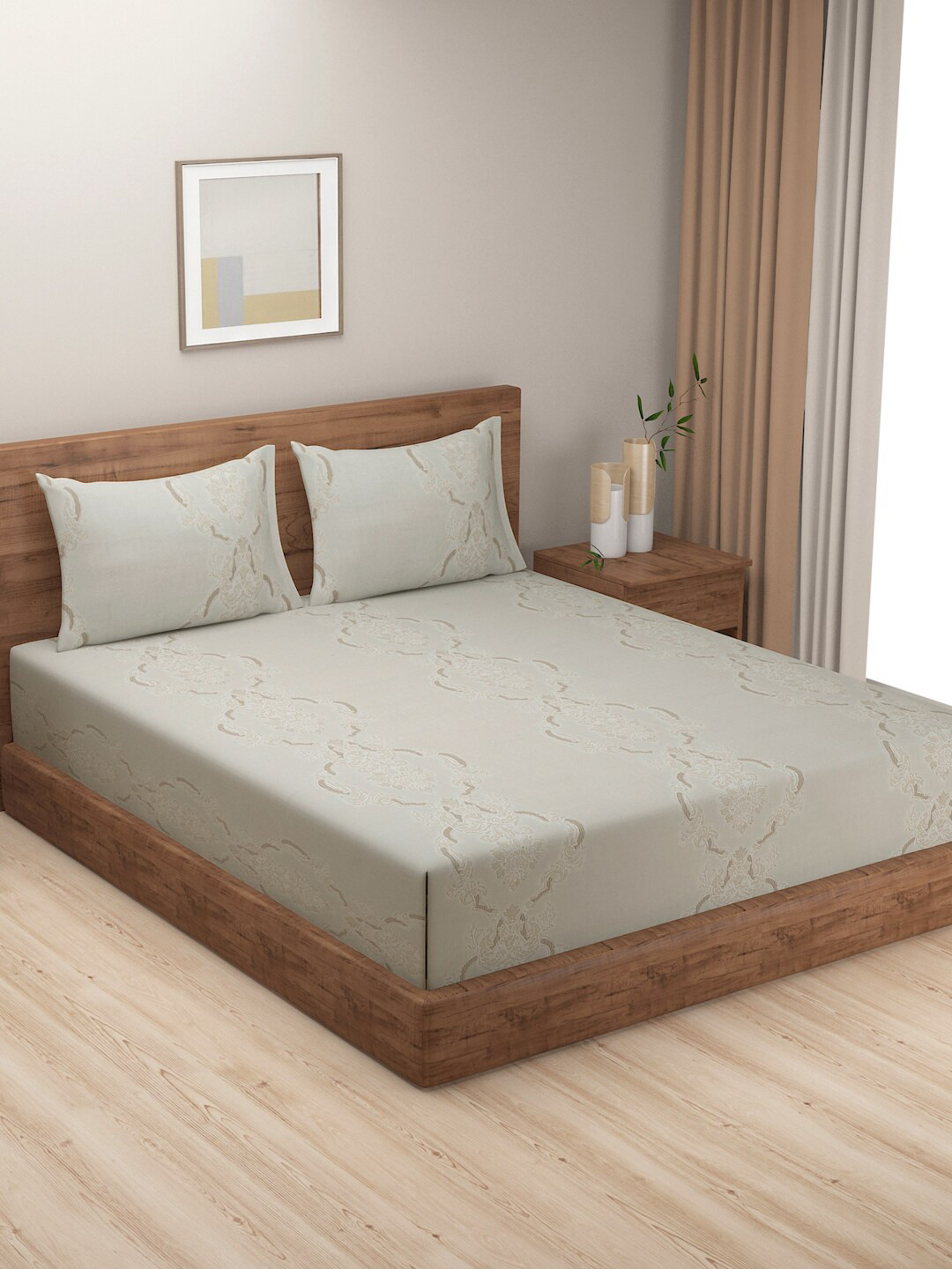 SWAYAM Pastel Vogue Grey Ethnic Motifs Cotton 200 TC King Fine Bedsheet with 2 Pillow Covers-90 x 59 inches