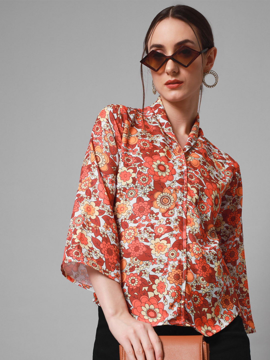 ADDYVERO White & Orange Floral Print Shirt Style Top