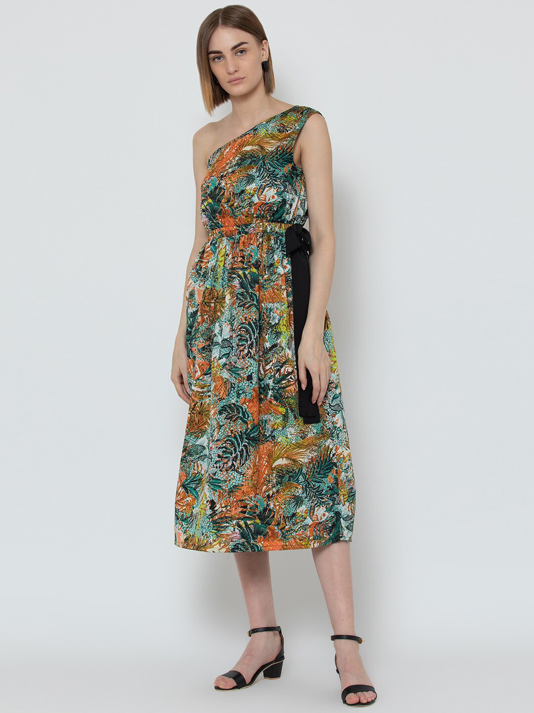 DODO & MOA Tropical Abstract One Shoulder Satin Midi Dress