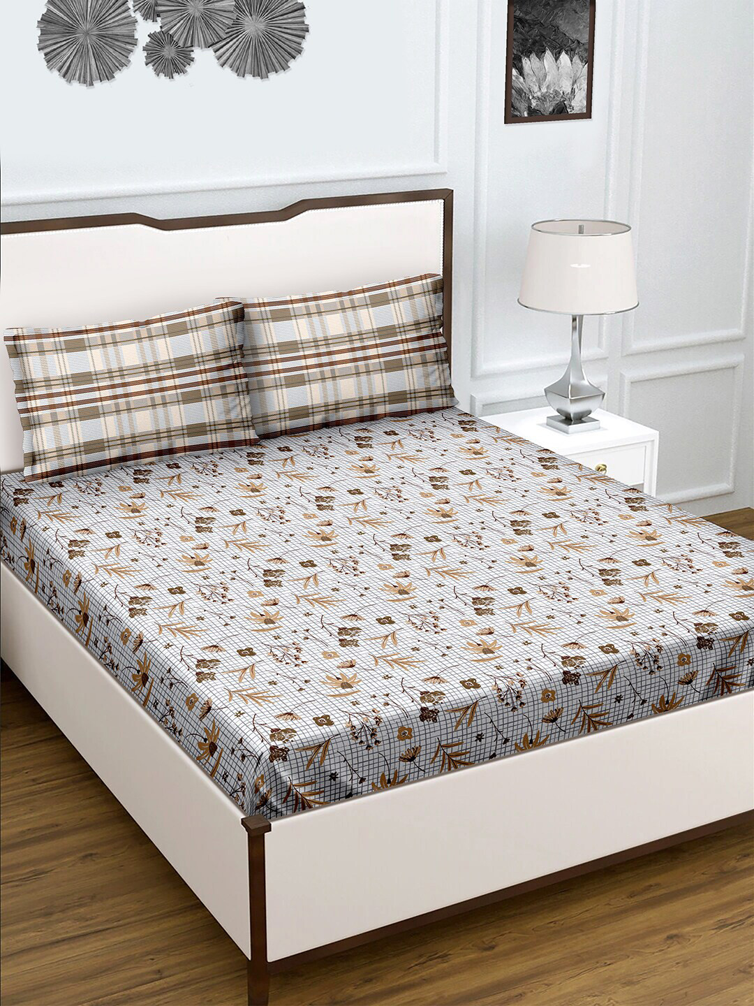 BELLA CASA Brown Floral Cotton 180 TC Queen Fine Bedsheet with 2 Pillow Covers-220 x 240 cm
