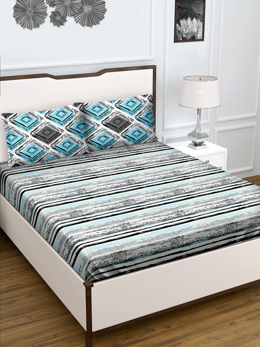 BELLA CASA Genteel Collection Turquoise Blue Geometric Cotton 180 TC Queen Bedsheet with 2 Pillow Covers-106 x 87 inches