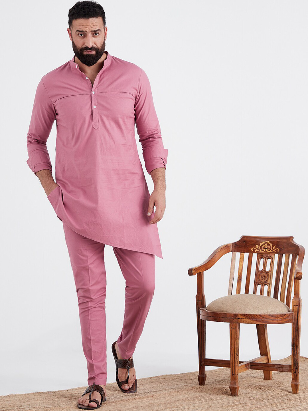 MR BUTTON Men Pink Pure Cotton Kurta with Trousers