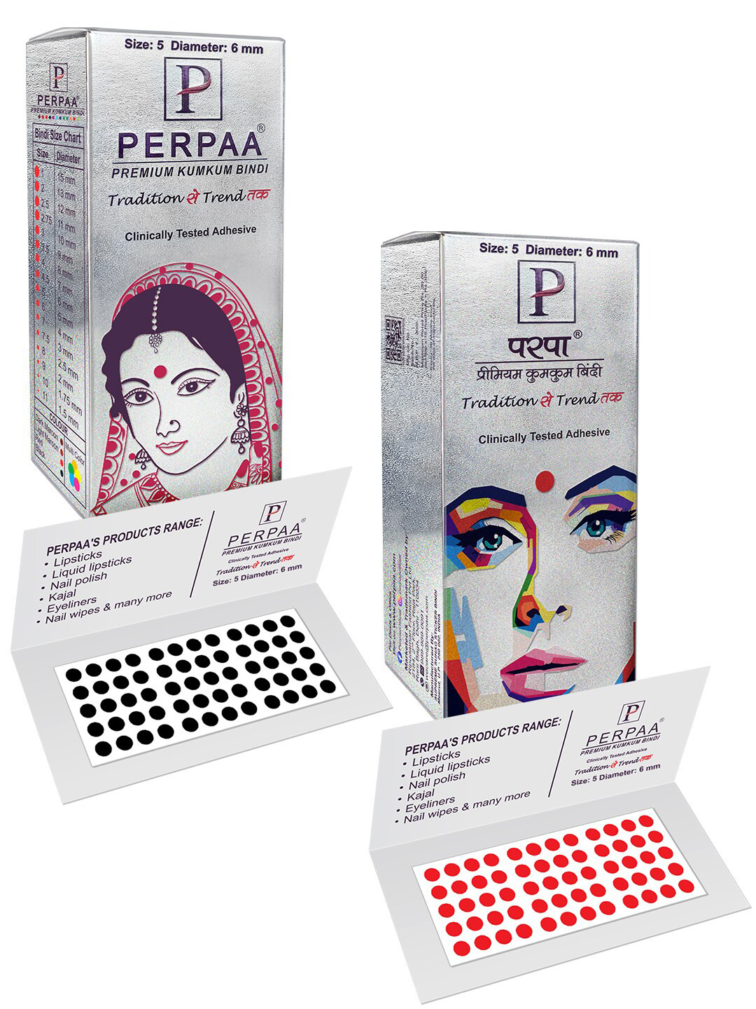 PERPAA Premium Kumkum Set Of 2 Round Stick On Bindi Book - Red & Black