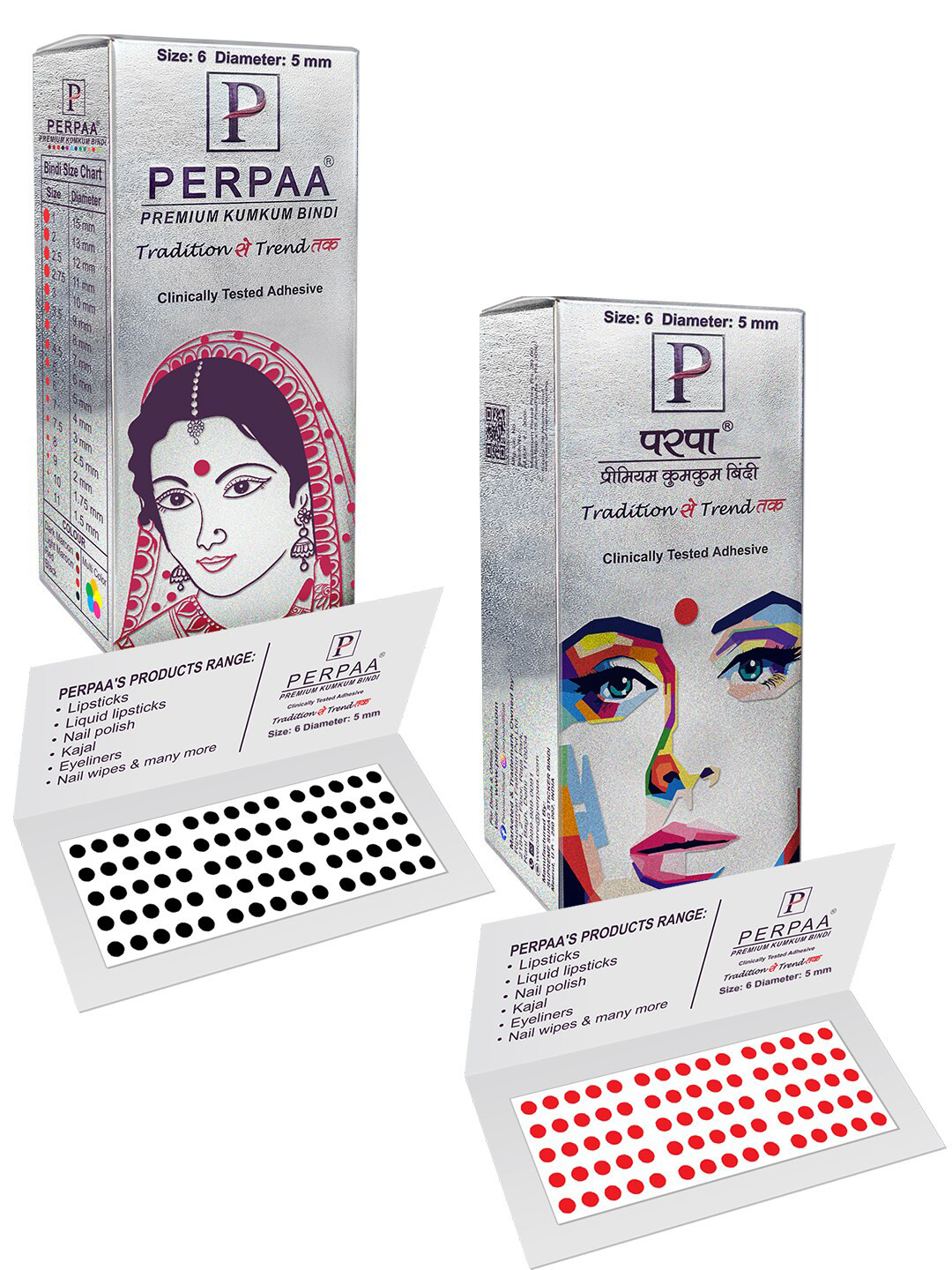 PERPAA Premium Kumkum Set Of 2 Round Stick On Bindi Book -Red & Black