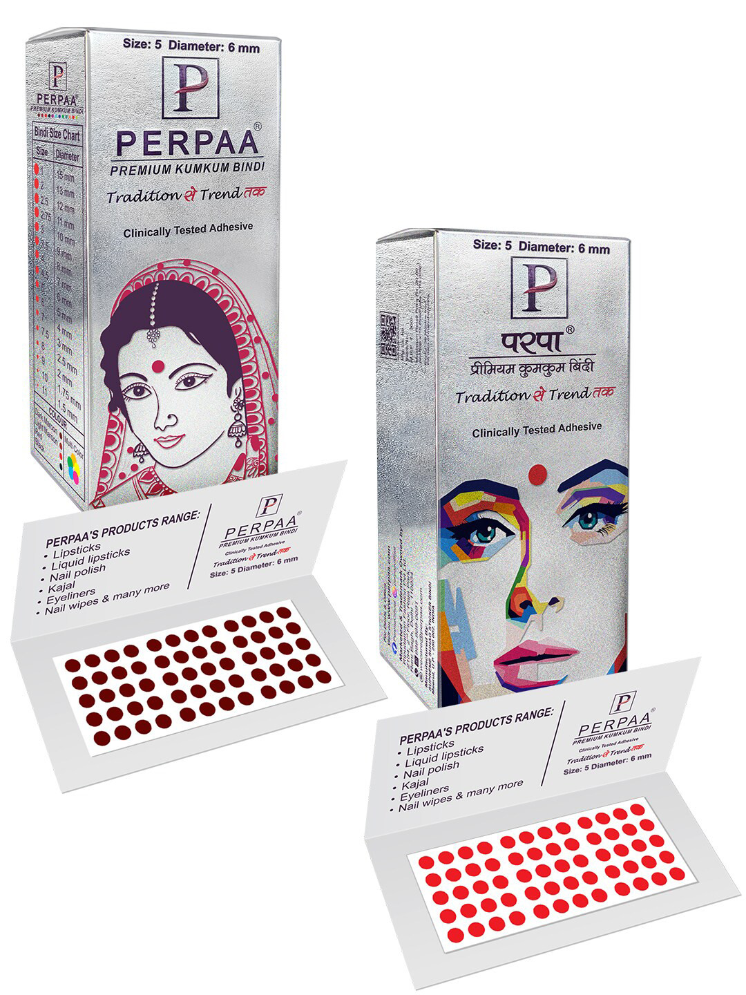 PERPAA Premium Kumkum Set Of 2 Round Stick On Bindi Book - Red & Dark-Maroon