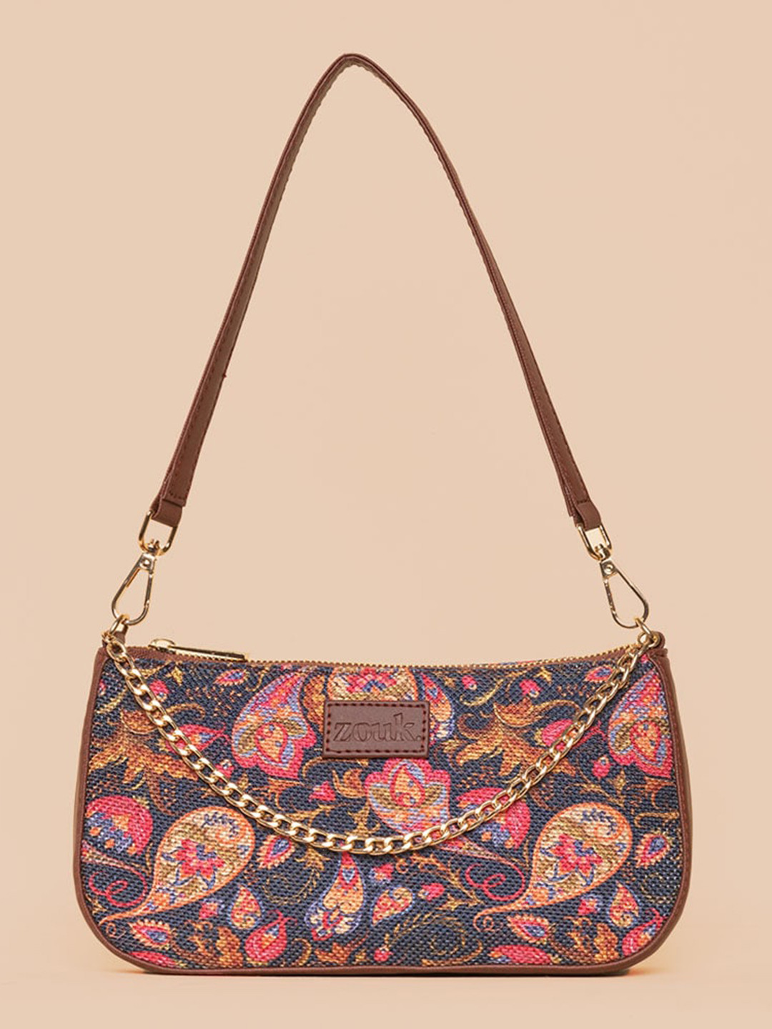 ZOUK Ethnic Motifs Printed Structured Baguette Bag Handbags