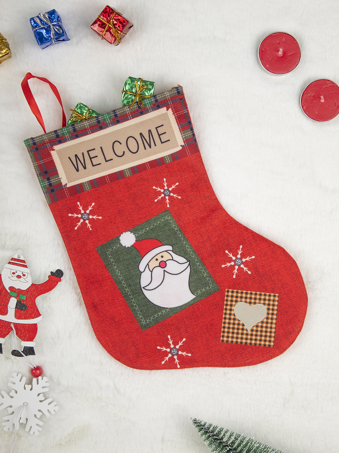 MARKET99 Red Set Of 2 Welcome & Santa Print - Christmas Hanging Stocking