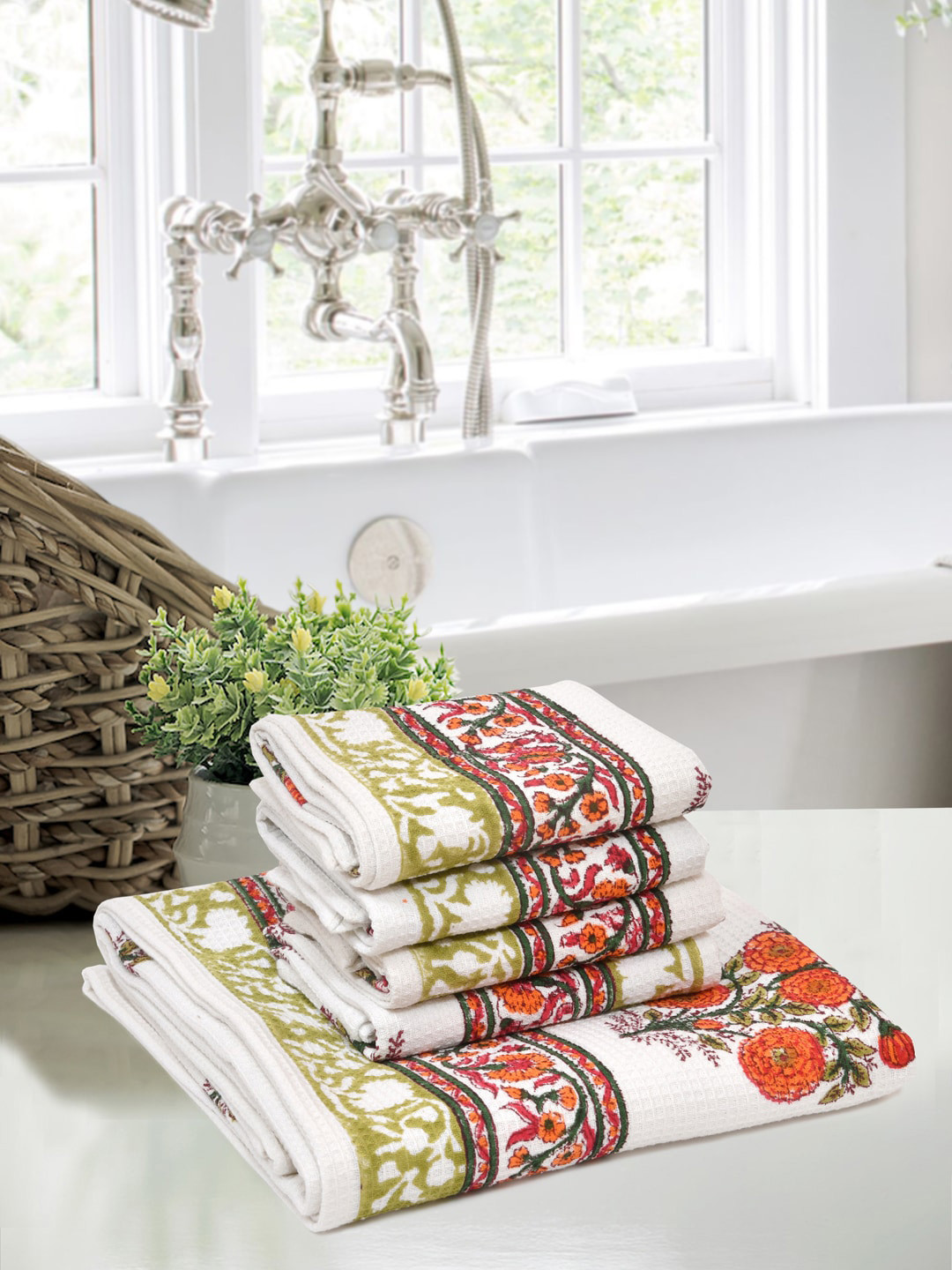 BLOCKS OF INDIA Set Of 5 Printed Pure Cotton 210 GSM Towel Set