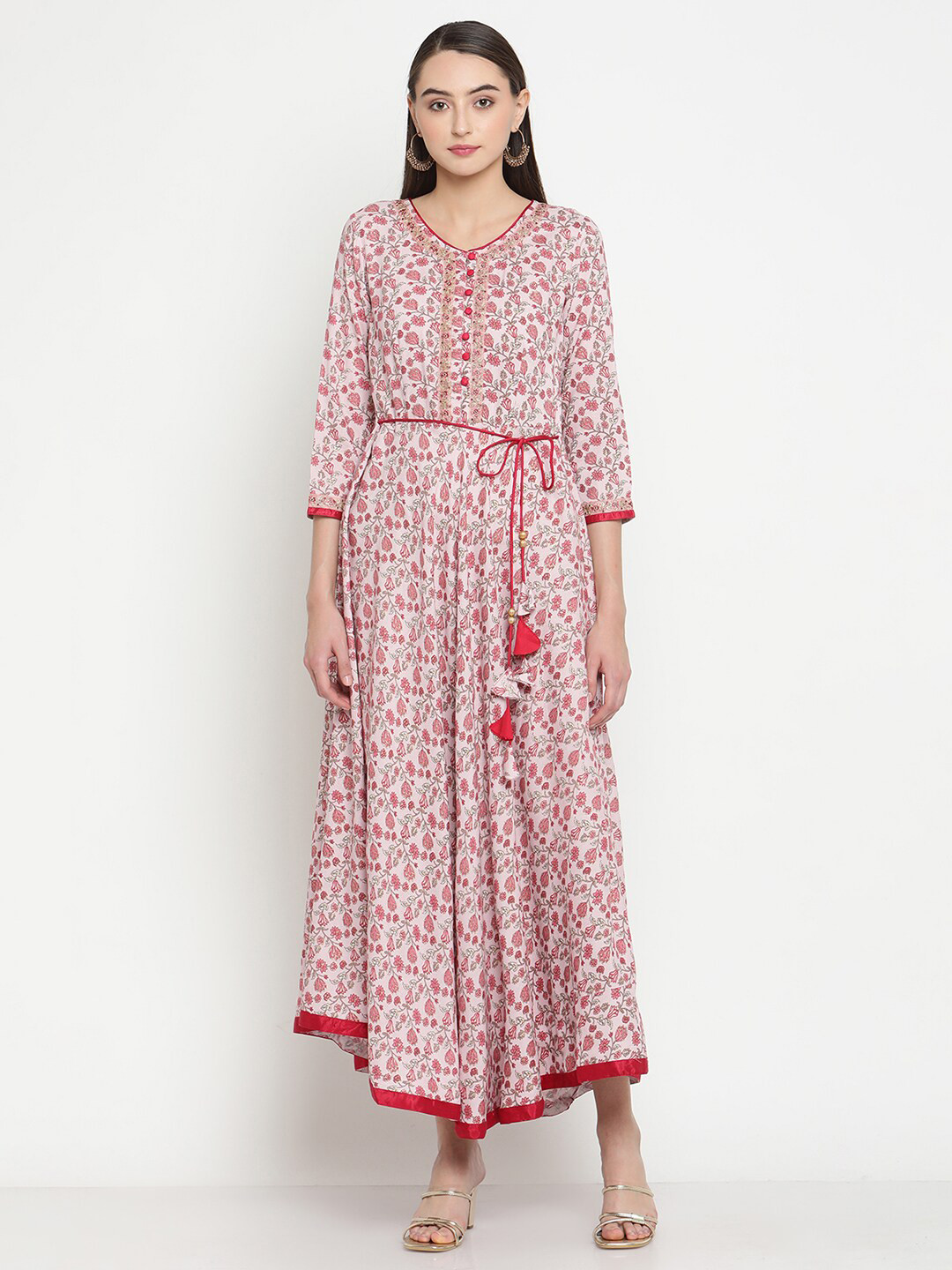 Be Indi Rayon Floral Printed V-Neck A-Line Dori Waist Tie Maxi Dress