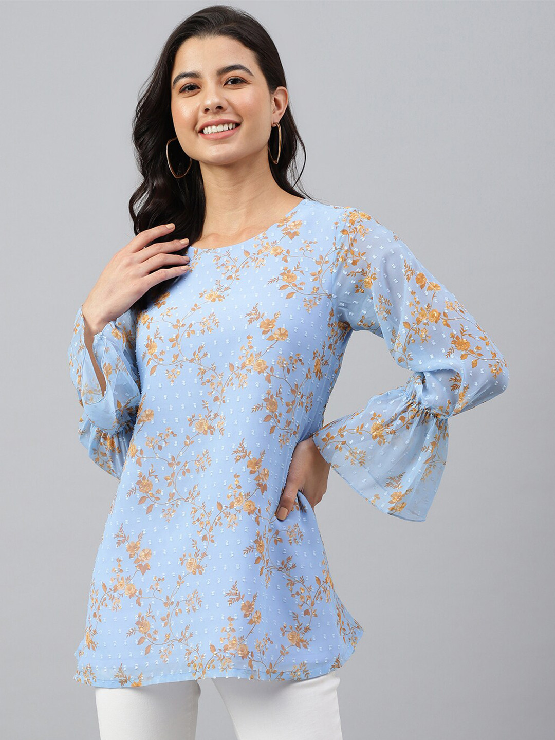 Janasya Women Blue Dobby Georgette Digital Print A-Line Top