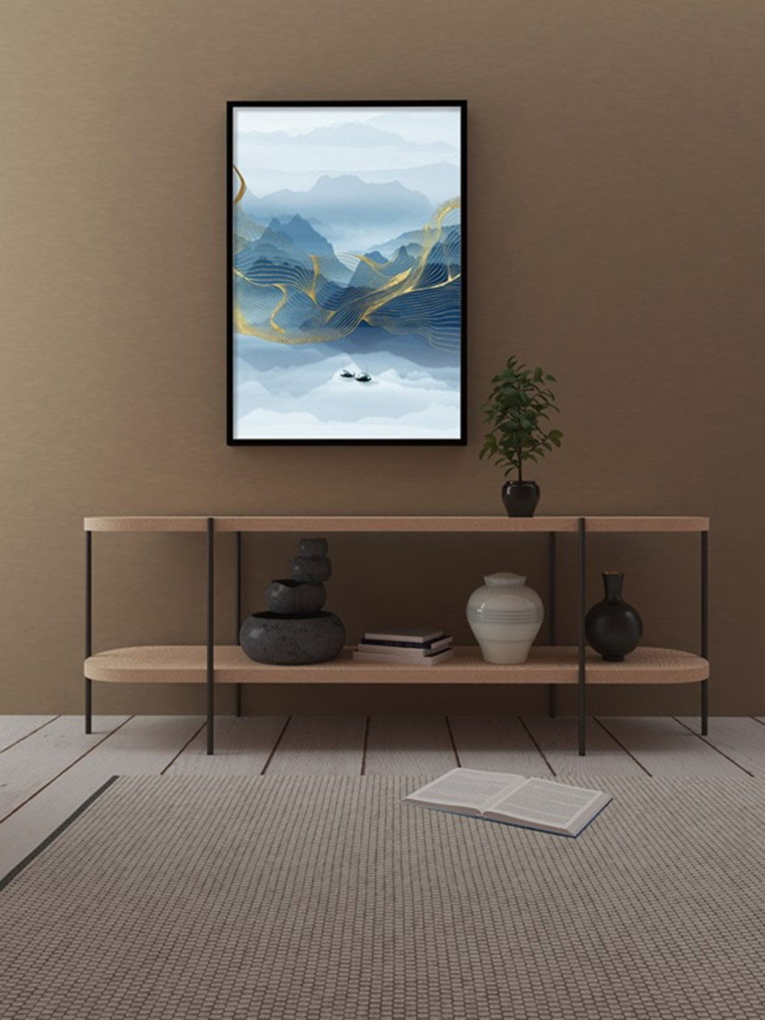 Art Street White & Blue Serene River Mountains Wall Art