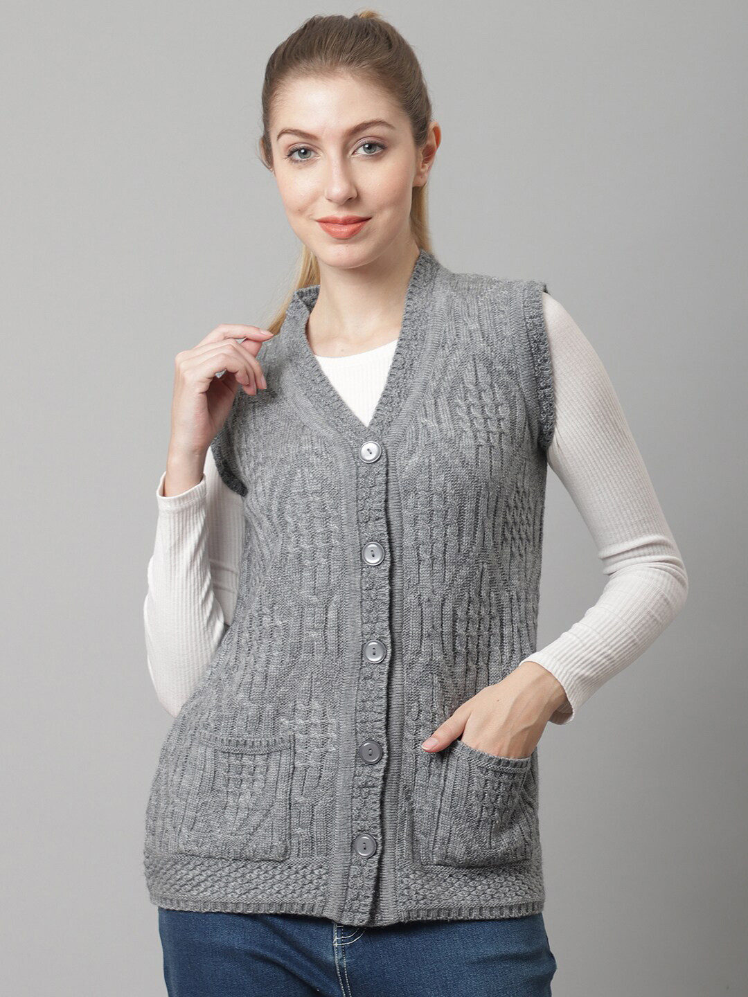 VANYA Women Grey Cable Knit Cardigan