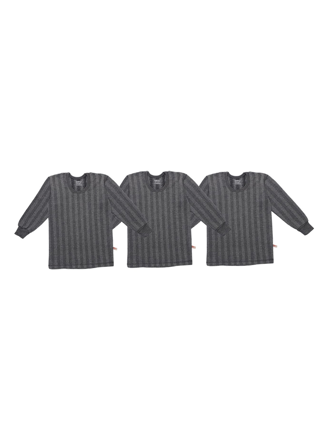 MACK JONNEY Kids Pack Of 3 Grey Striped Cotton Thermal Tops