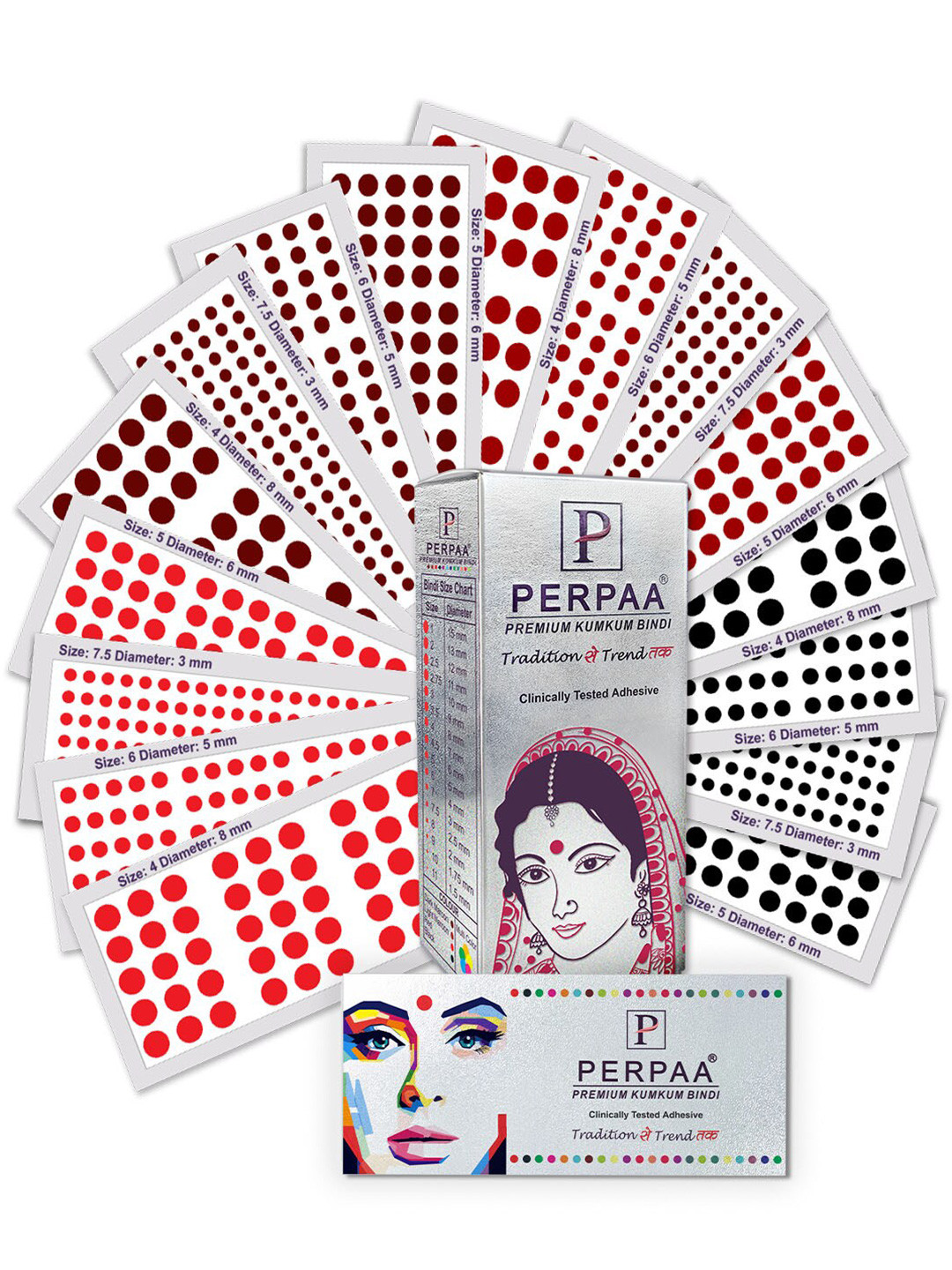 PERPAA Premium Kumkum Set Of 16 Round Stick On Bindi Book- ,Red 04 ,Black 05 ,Dark Maroon 06 ,Light Maroon 7.5