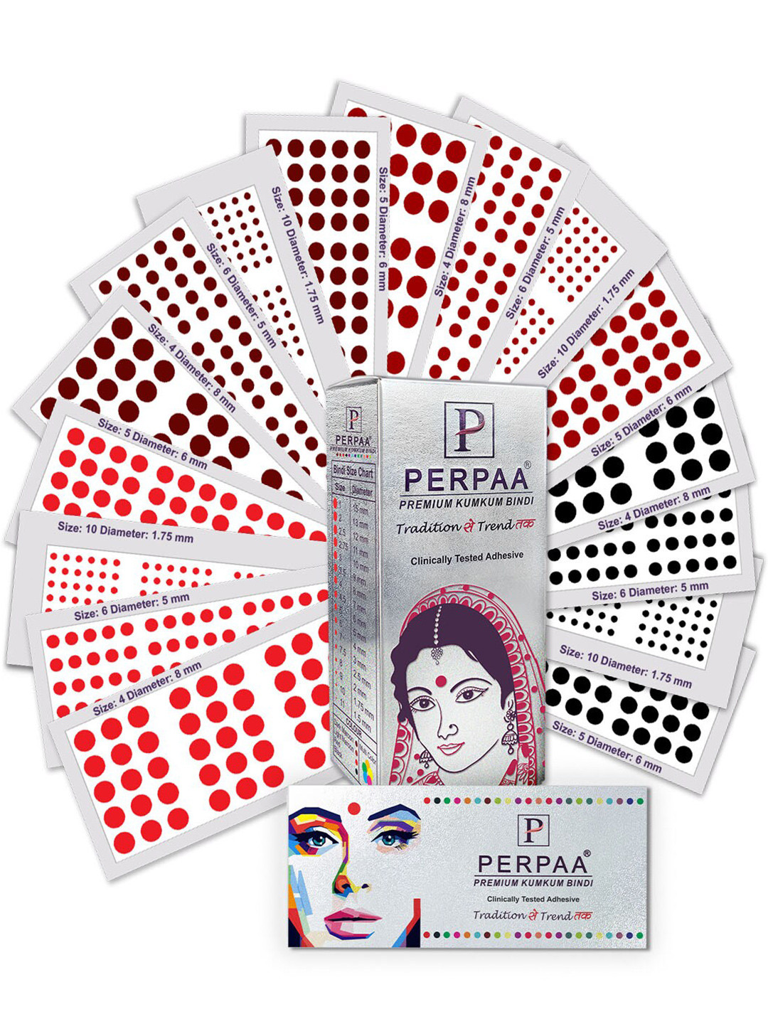 PERPAA Premium Kumkum Set Of 16 Round Stick On Bindi Book - Black - Dark Maroon - Red - Light Maroon