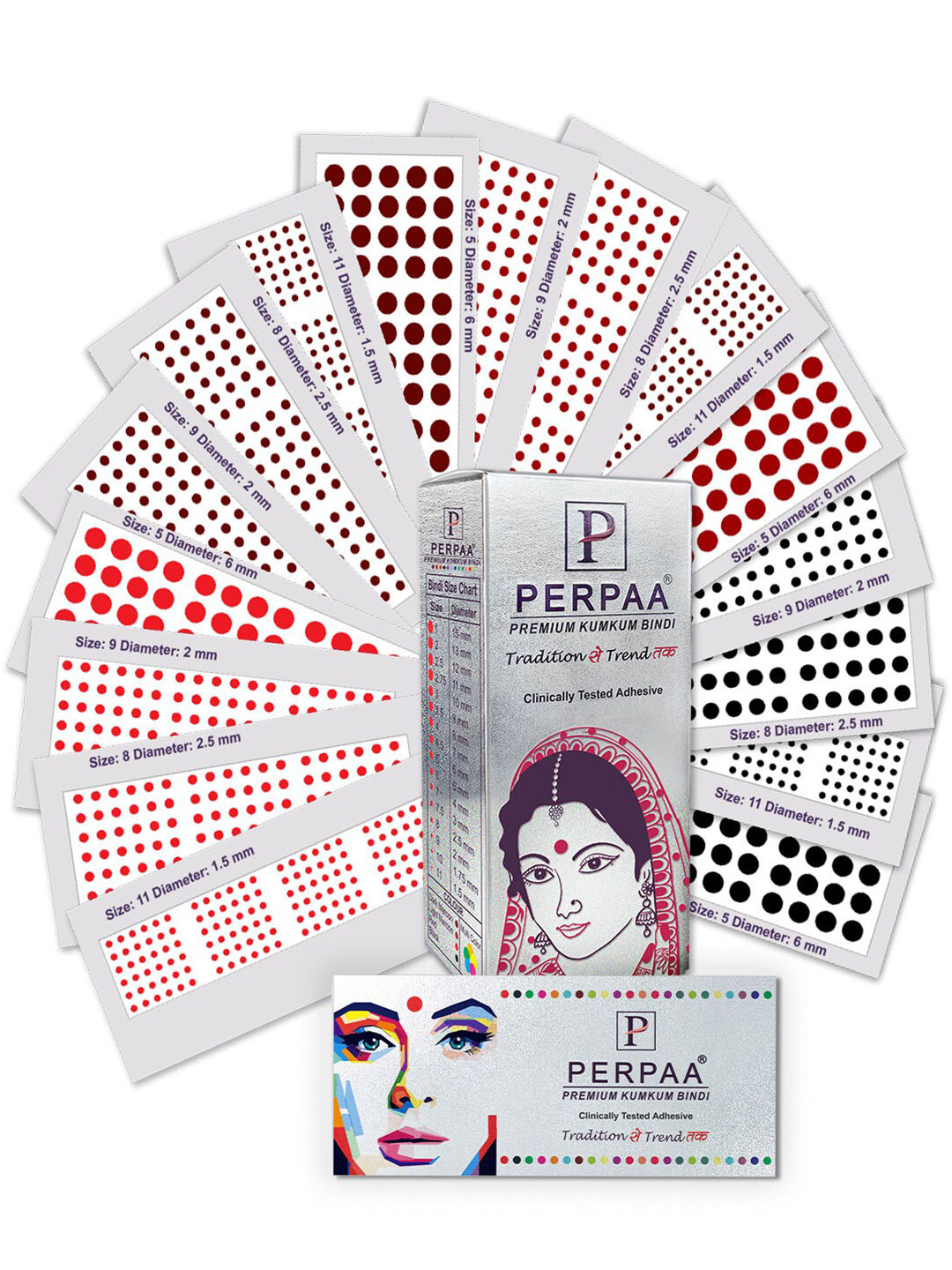 PERPAA Premium Kumkum Set Of 16 Round Stick On Bindi Book - Black - Dark Maroon - Red - Light Maroon