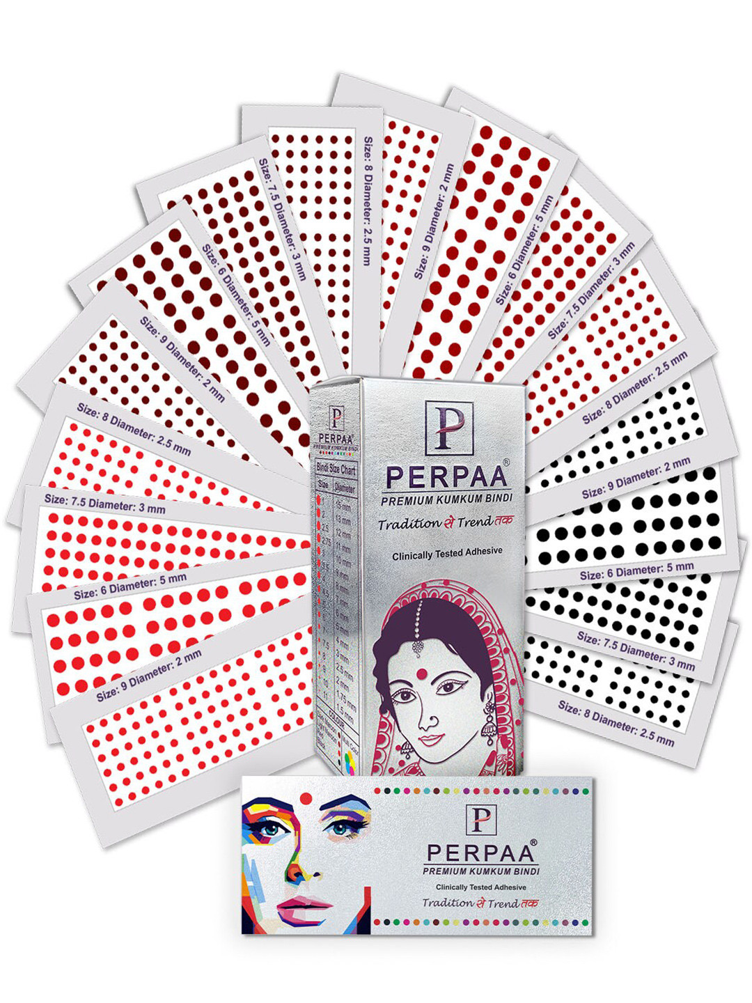 PERPAA  Premium Kumkum Set Of 16 Velvet Sticker Kumkum Bindi-Red 06-Black 7.5-Dark maroon 08-Light maroon 09