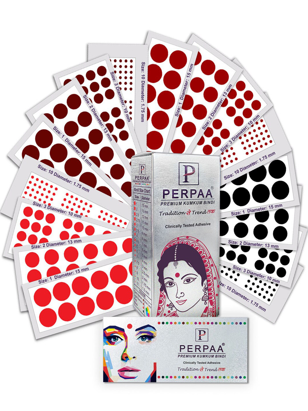 PERPAA Premium Kumkum Set Of 16 Velvet Sticker Kumkum Bindi Box - Red - Black - Dark-Maroon - Light-Maroon