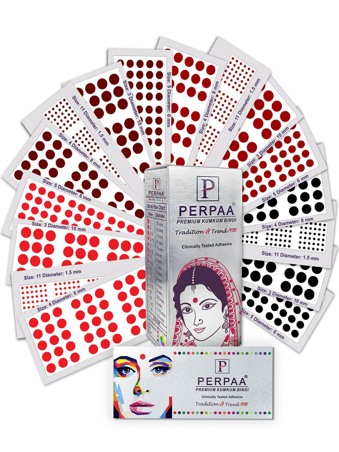 PERPAA Premium Kumkum Set Of 16 Round Stick On Bindi Book - Red 03 ,Black 04 ,Dark Maroon 05,Light Maroon 11