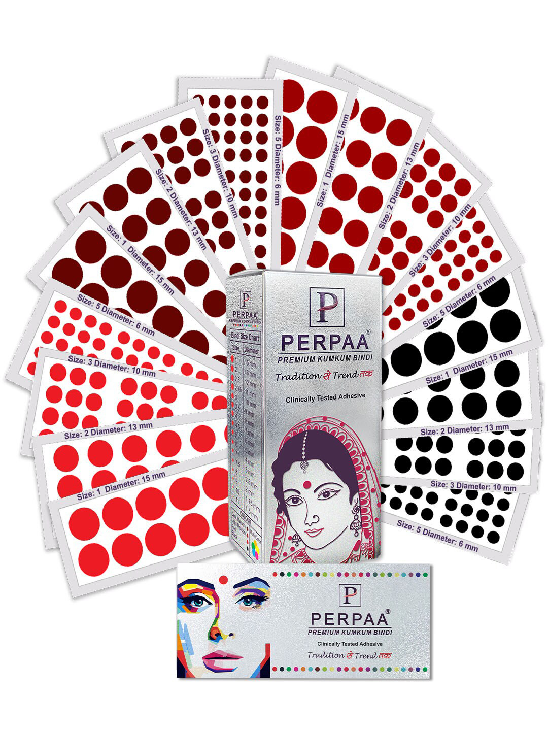 PERPAA Set of 16 Premium Velvet Sticker Kumkum Bindi Flaps - Red + Maroon + Burgundy + Black