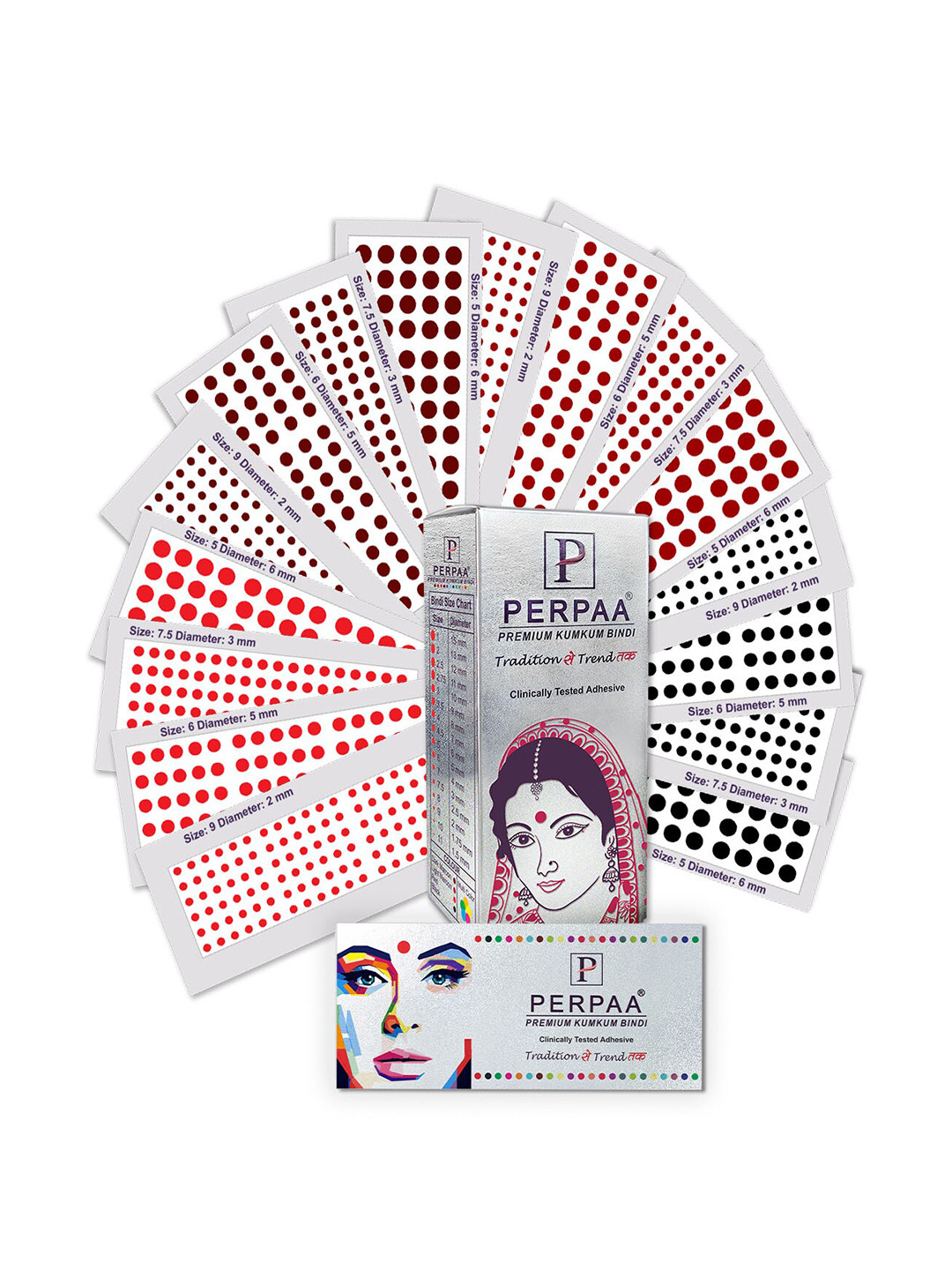 PERPAA Premium Kumkum Set Of 16 Velvet Sticker Kumkum Bindi Box - Red - Black - Dark-Maroon - Light-Maroon