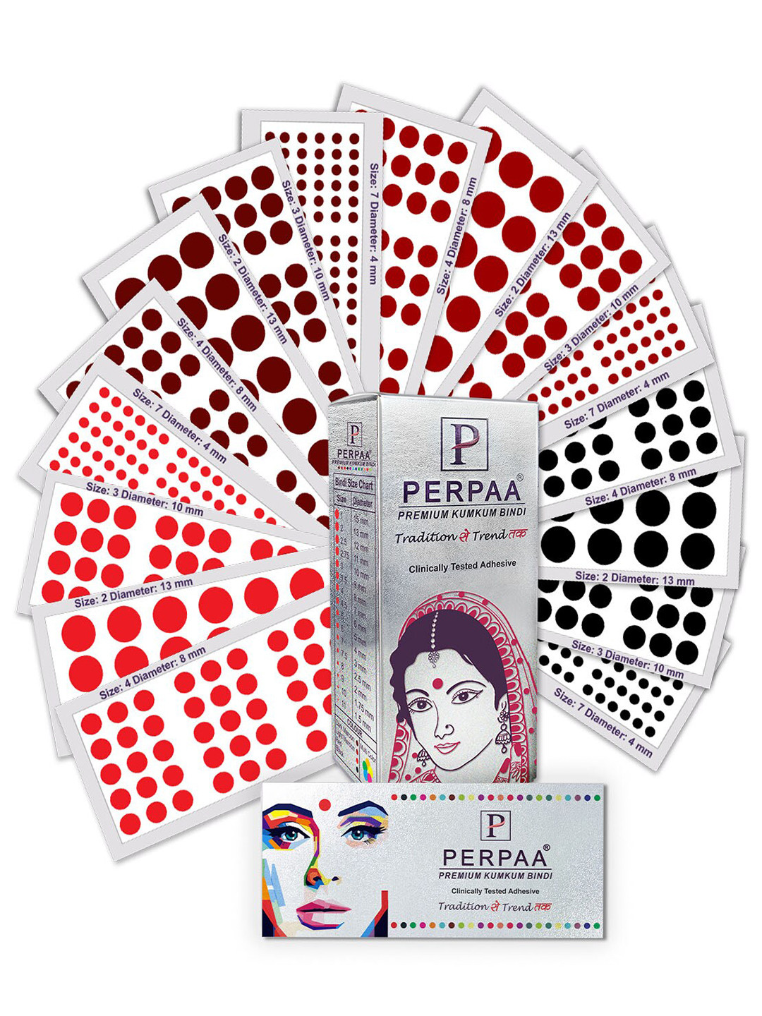 PERPAA Premium Kumkum Set Of 16 Velvet Sticker Kumkum Bindi Box - Red - Black - Dark-Maroon - Light-Maroon