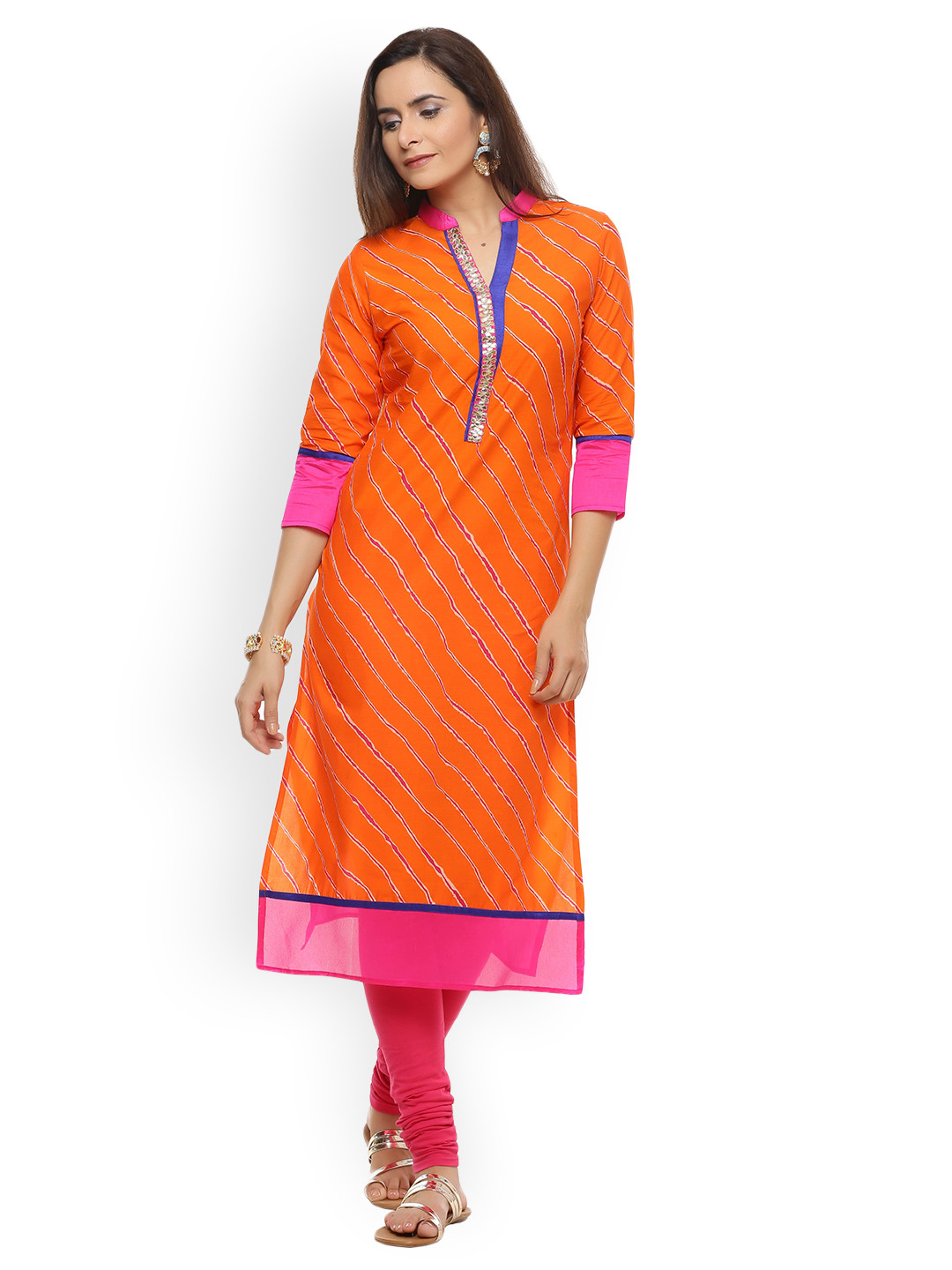 Geroo Jaipur Orange Leheriya Straight Cotton Kurta