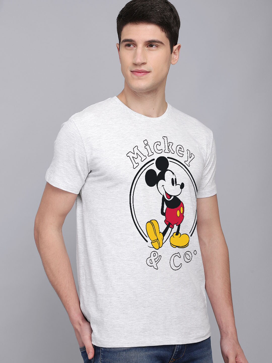 Free Authority Men Grey Melange & Black Mickey Mouse Printed T-shirt