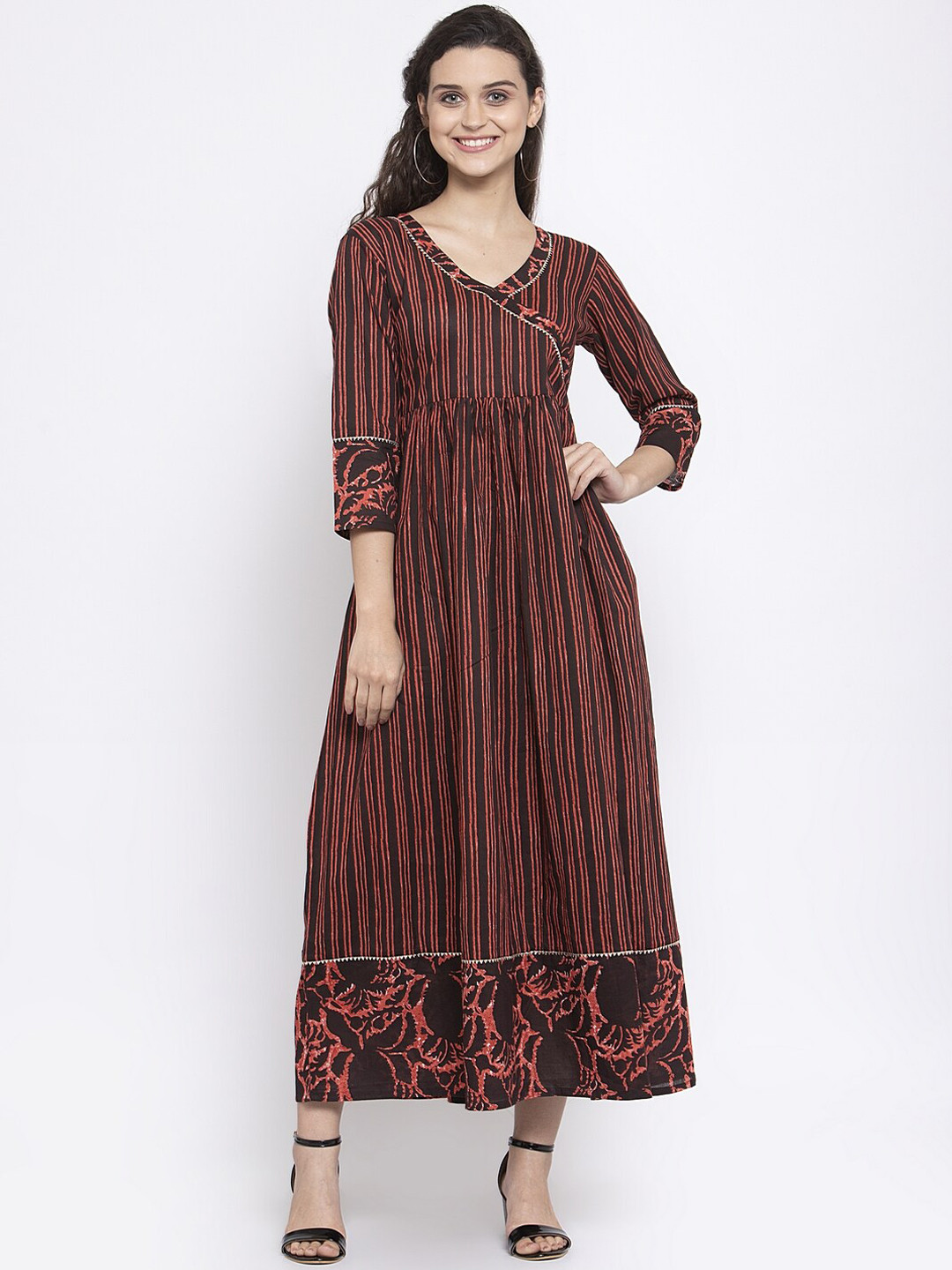 Indibelle V-Neck Striped A-Line Cotton Kurta
