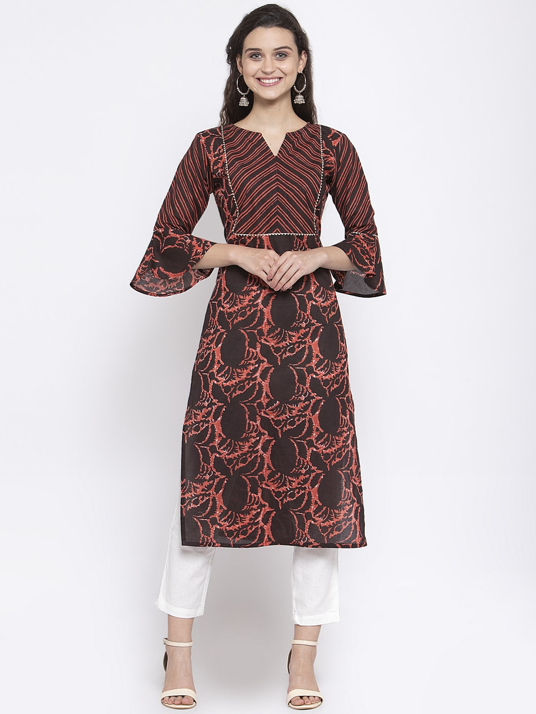 Indibelle Ethnic Motifs Printed Bell Sleeves Gotta Patti Cotton Kurta