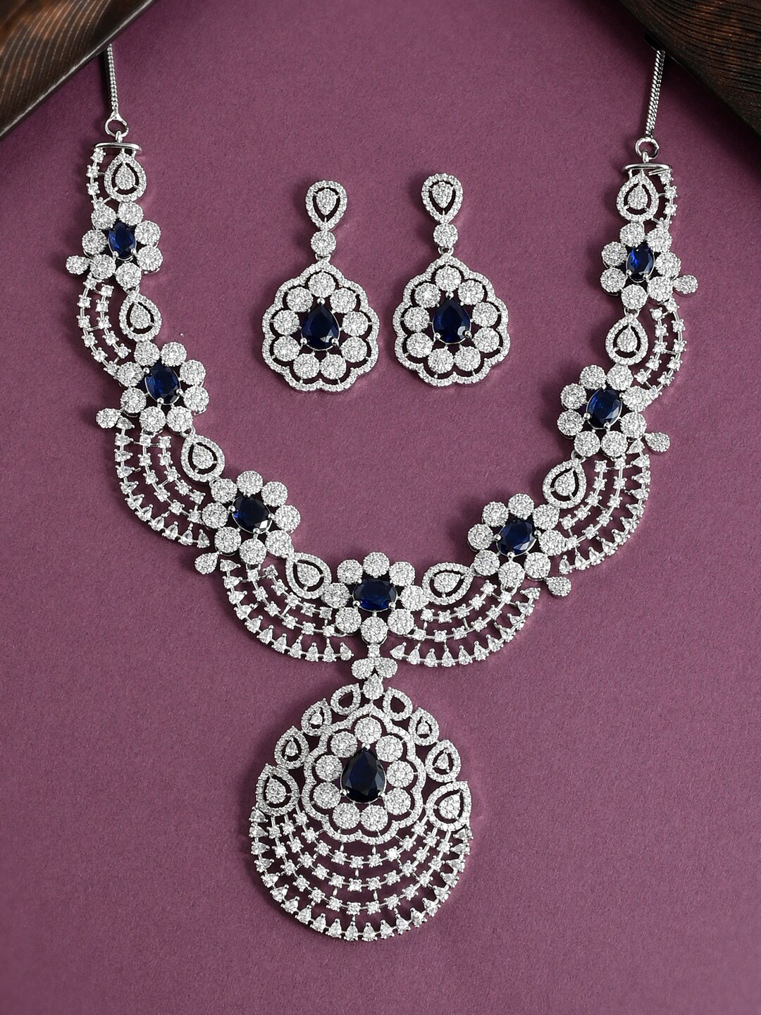 Voylla Rhodium-Plated CZ Studded Teardrop Cut Jewellery Set