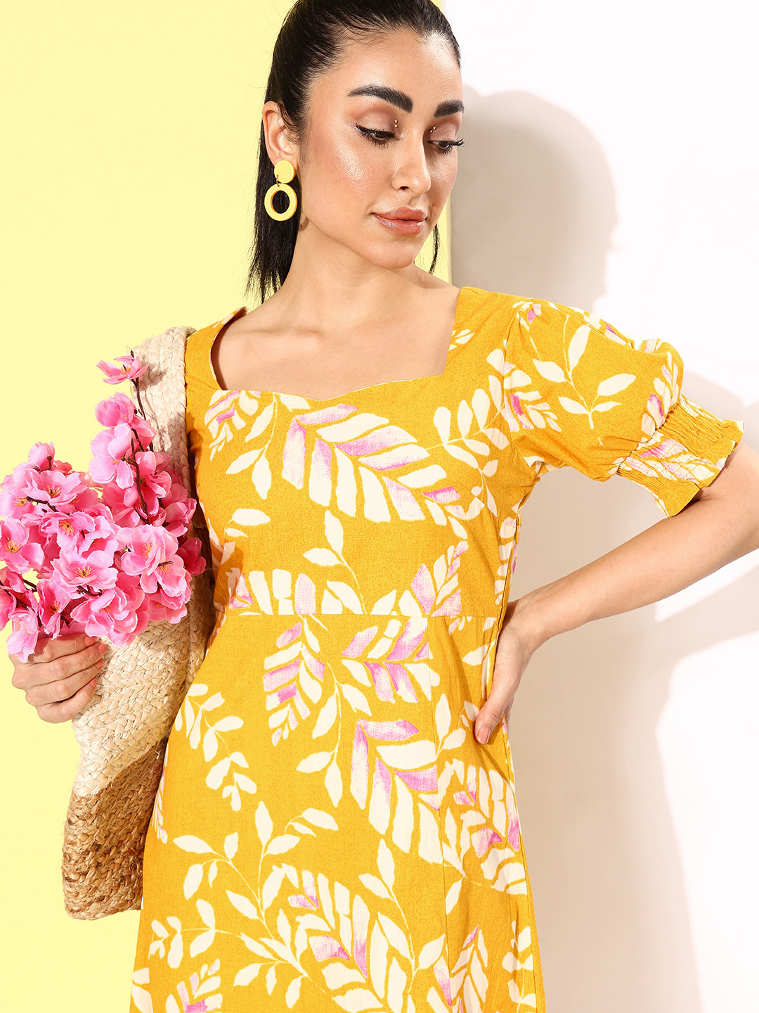 all about you Bright Yellow Hollaback Neck it is ! Printed Pure Cotton A-Line Midi Dress