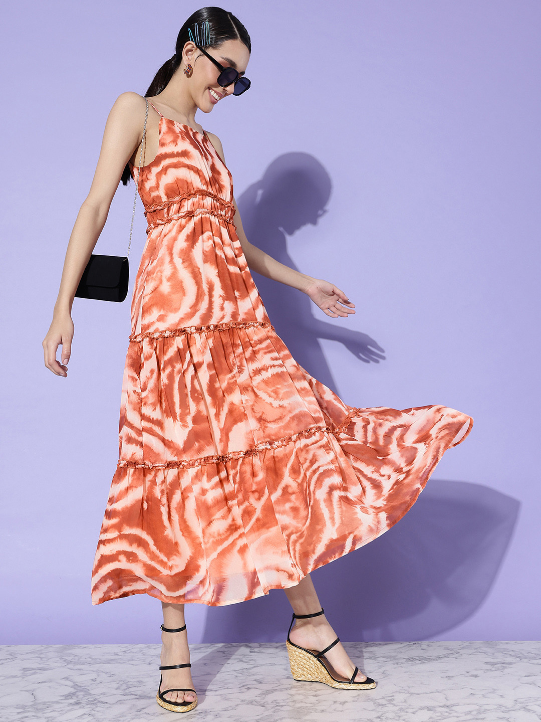 all about you Rust Brown & Peach-Coloured Tie & Dye Holiday Hype Tiered Empire Midi Dress