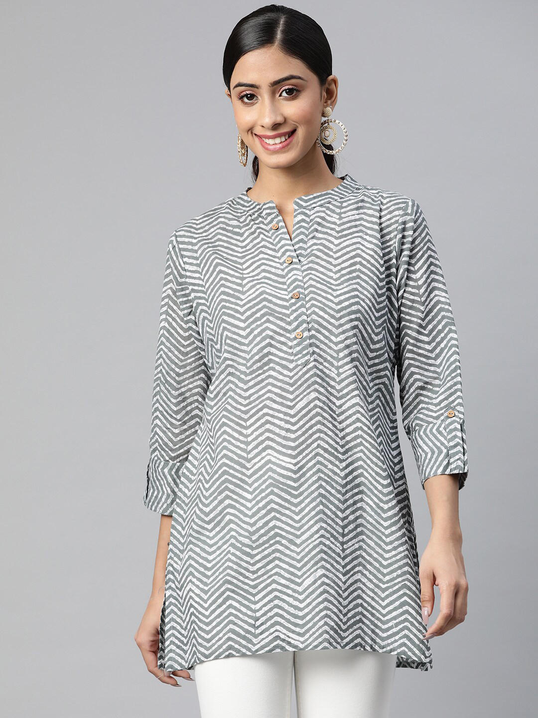 NeshamaKurti Mandarin Collar Printed Cotton Tunic