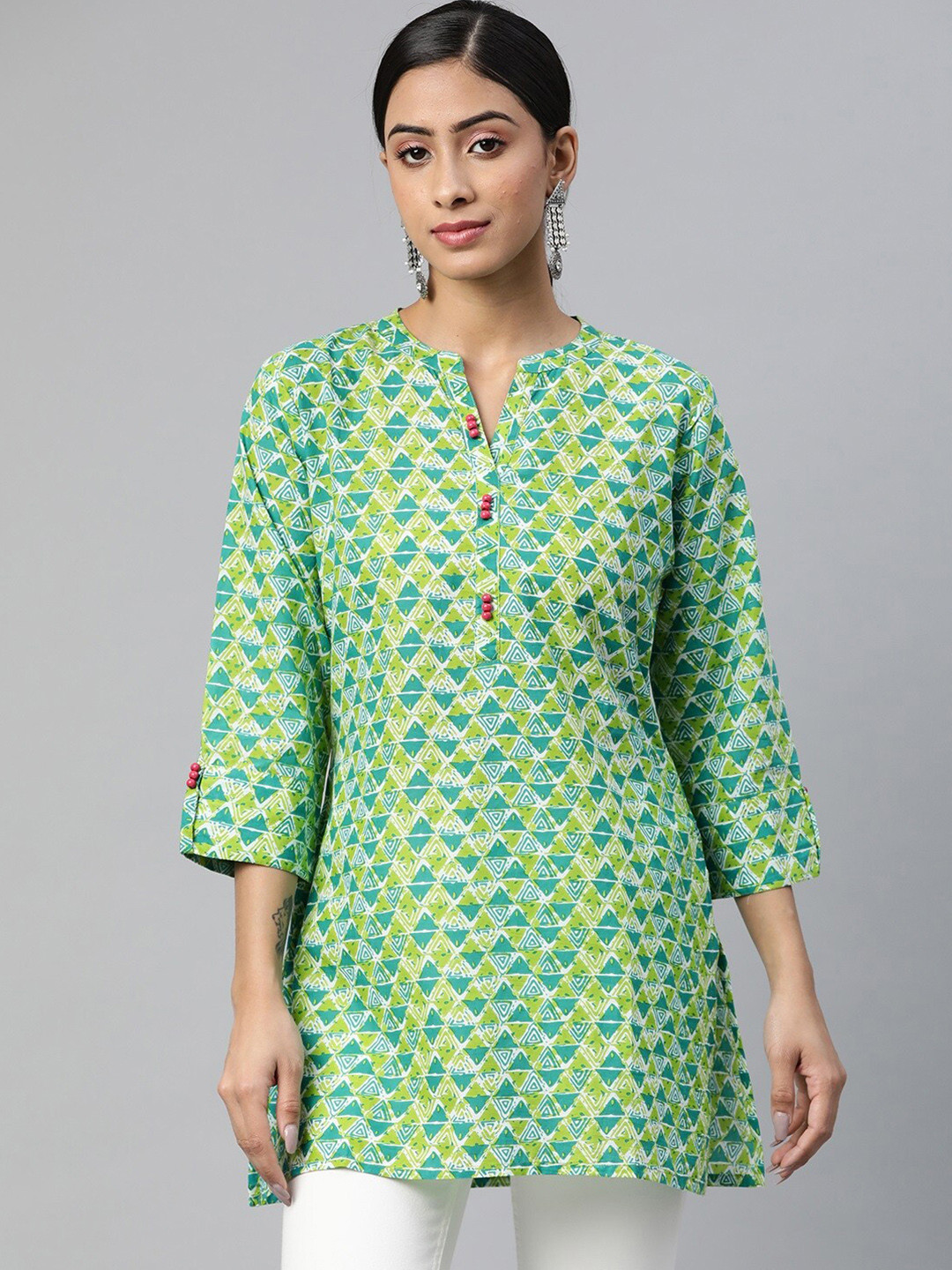 NeshamaKurti Mandarin Collar Printed Cotton Tunic
