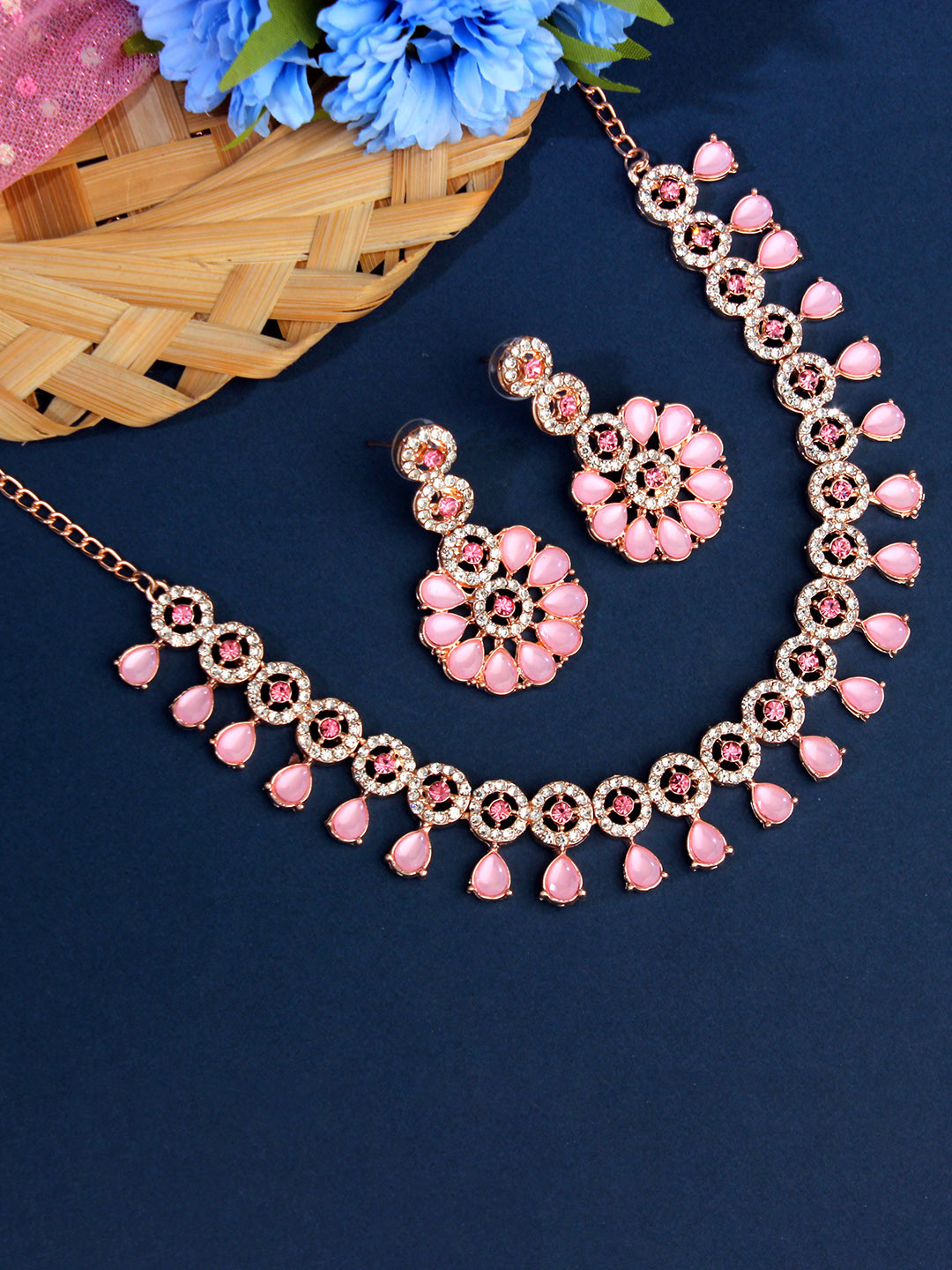 Atasi International Round & Flower Shape Rose Gold-Plated Crystals-Studded Jewellery Set