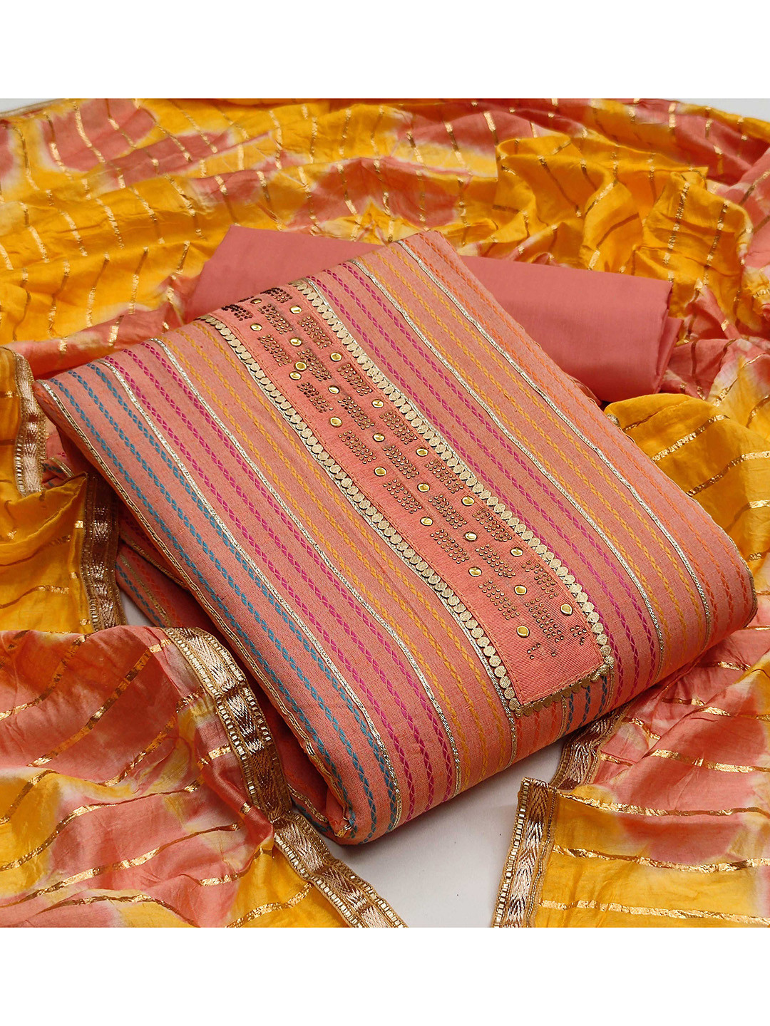 KALINI Peach-Coloured & Yellow Pure Cotton Unstitched Dress Material