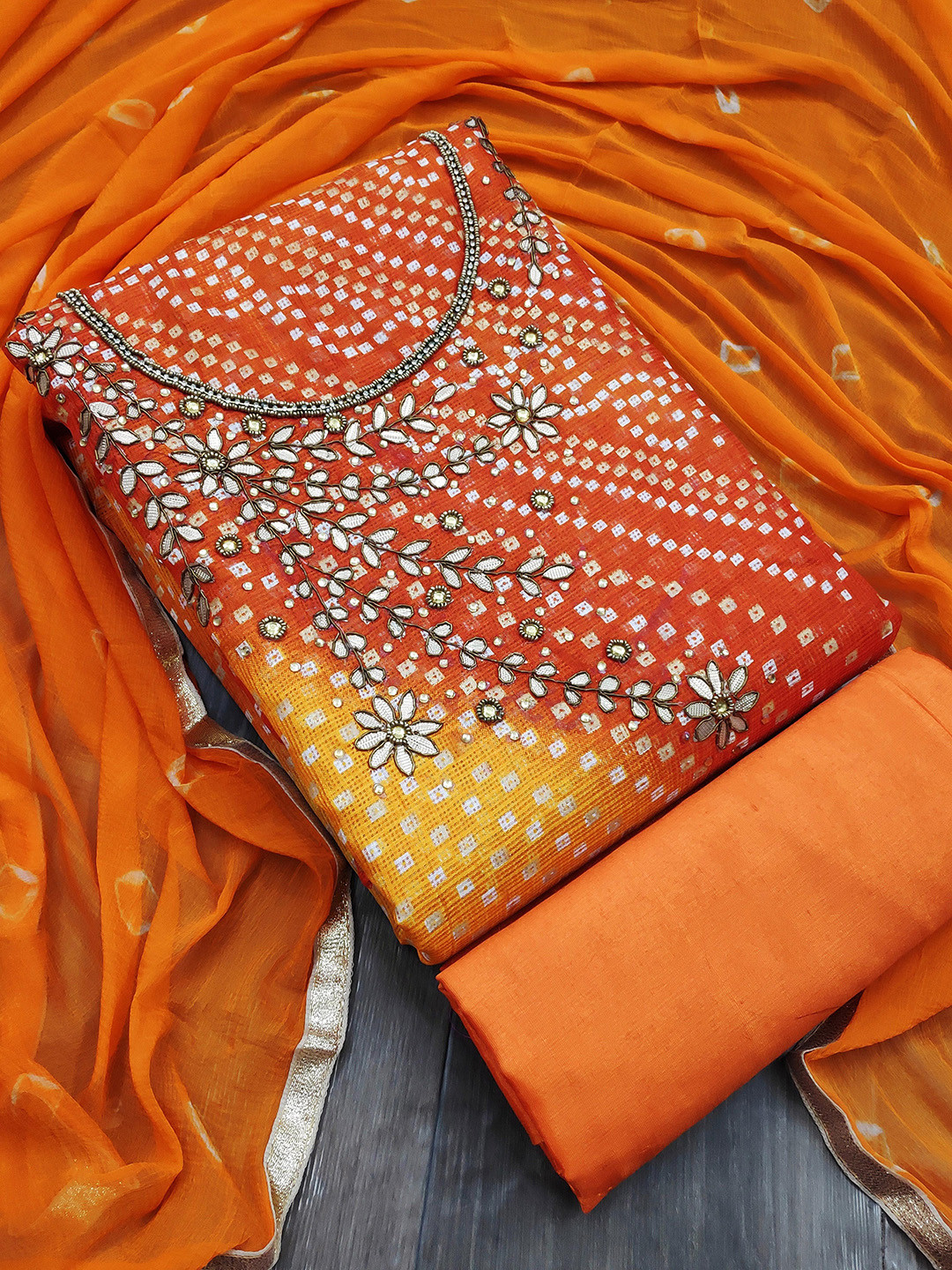 KALINI Red & Yellow Unstitched Dress Material