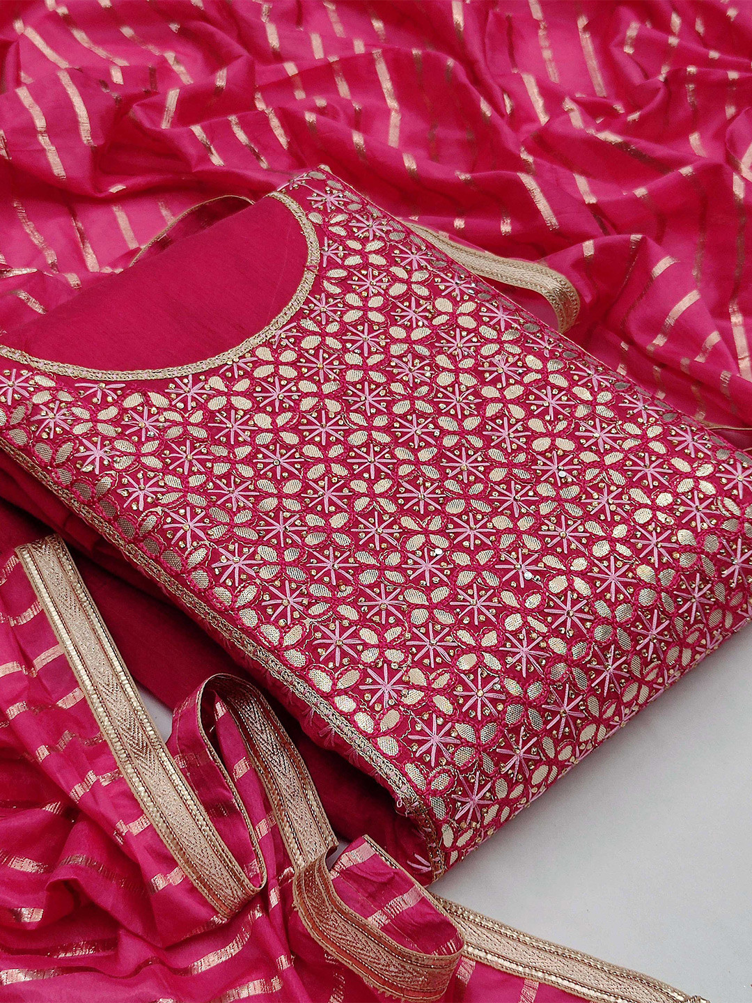 KALINI Pink & Gold-Toned Unstitched Dress Material