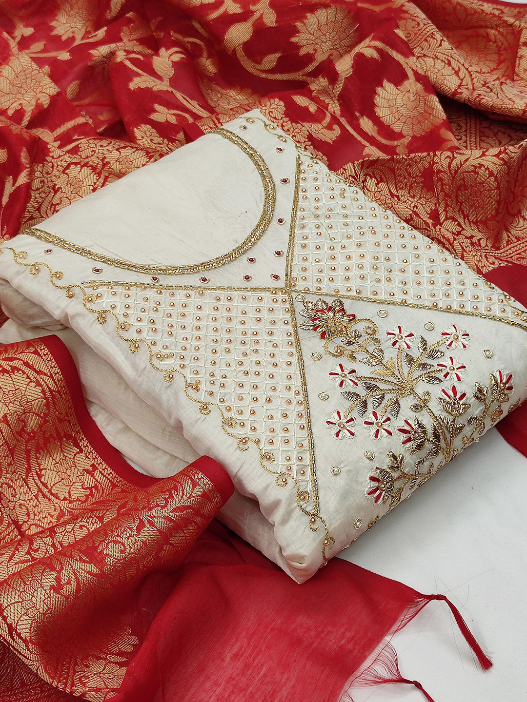 KALINI Off White Floral Woven Design Unstitched Dress Material