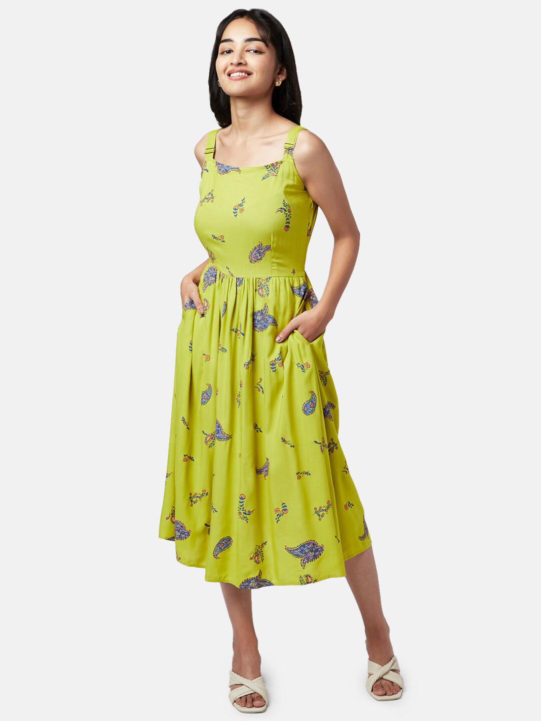 YU by Pantaloons Lime Green & Blue Floral A-Line Midi Dress