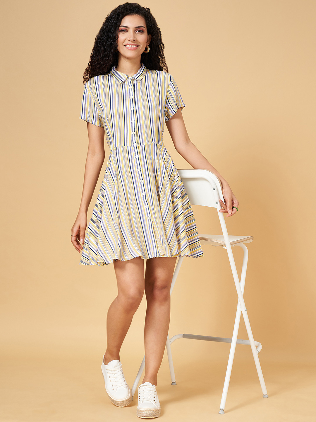 YU by Pantaloons Yellow & Blue Striped Shirt Dress